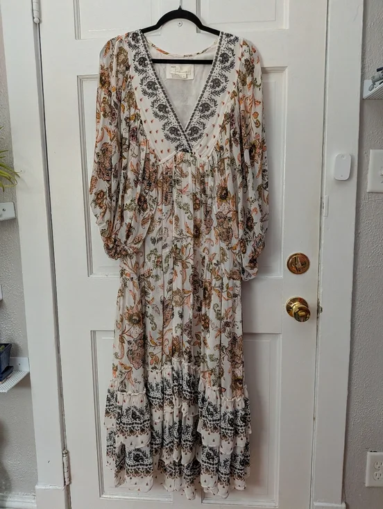 Anthropologie Boho Floral Maxi Dress Balloon Sleeve V-Neck Size SP - Picture 4 of 7